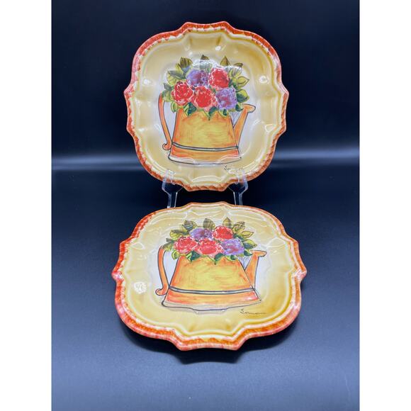 Vintage Italica ARS Pottery Set of 2 Salad Plates Hand Painted Flowers Italy - Picture 1 of 6